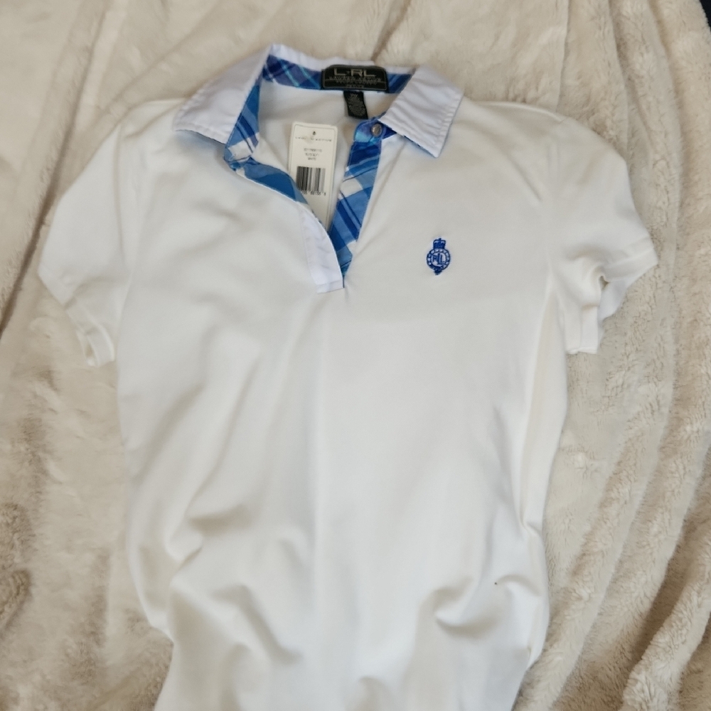 RL White Polo Shirt with Blue Accents, Open Placket Neck.